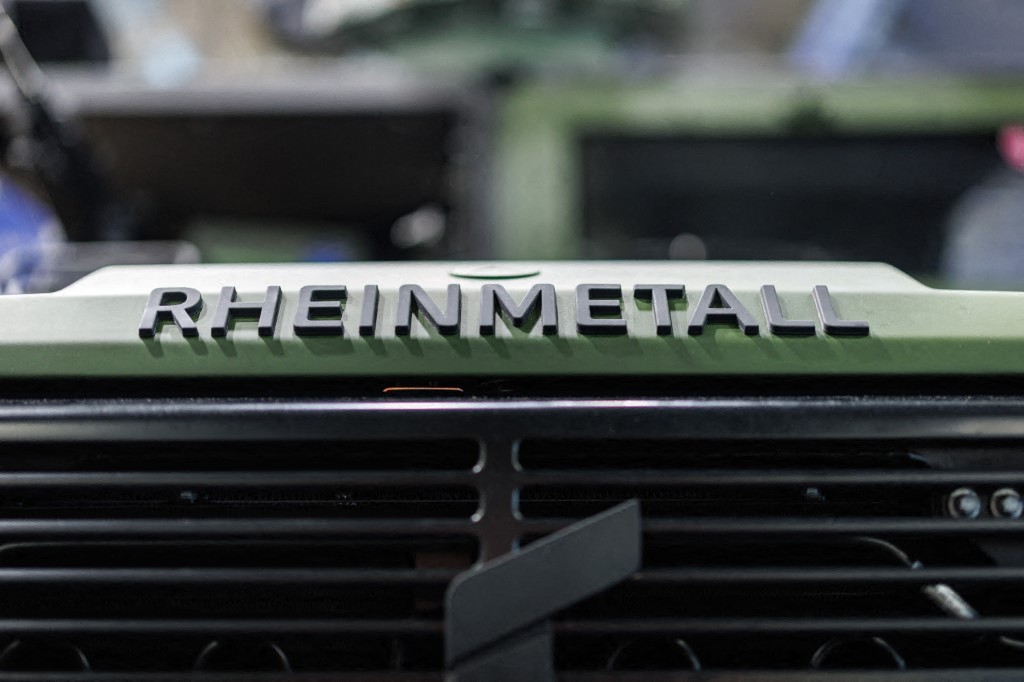 The logo lettering of the Rheinmetall armaments group is on a vehicle at the company's stand at the Enforce Tac trade fair for security and defense.