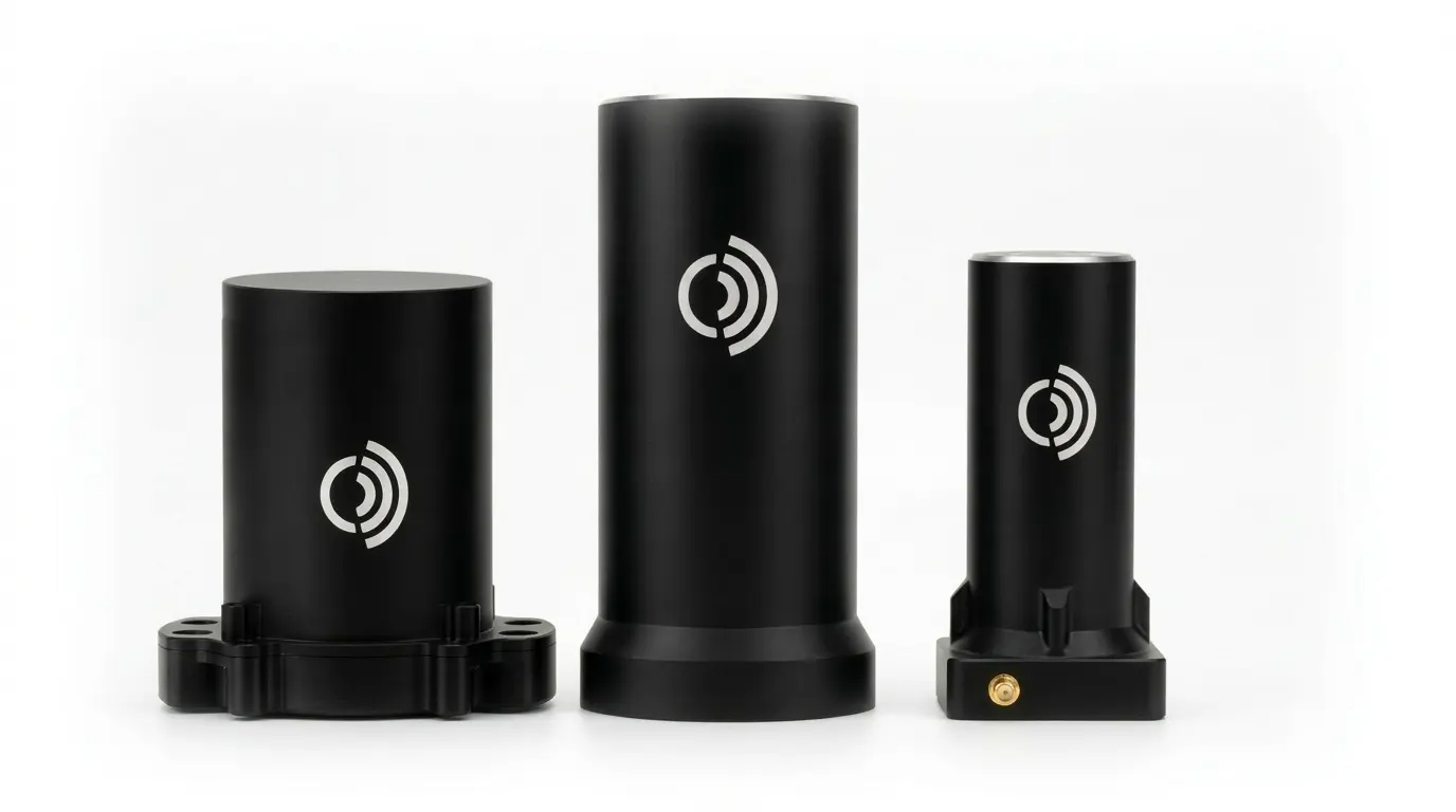 Three Notch MAGIC Series antennas in varying sizes with matte black cylindrical housings and mounting bases