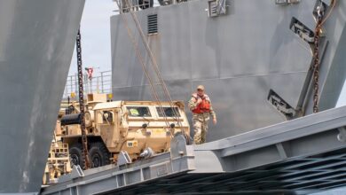 US Army vehicles offload from a logistics support vessel during CJLOTS 2026 in South Korea. Photo: Sgt. Alexcia Rupert/DVIDS