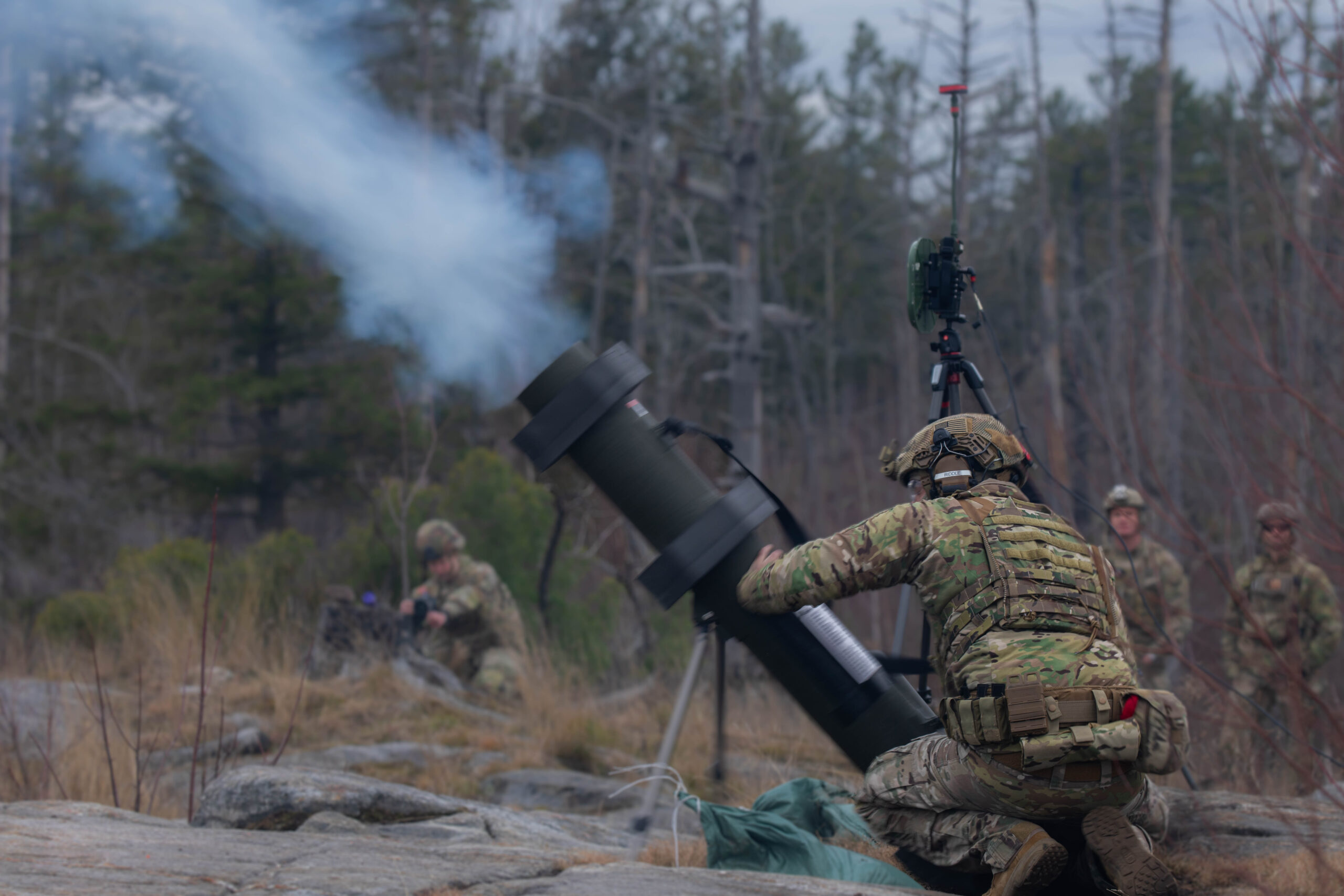Soldiers assigned to the 19th Special Forces Group fire a Hero-120 Loitering Munition from a javelin missile system during Operation Summit Strike '24, Nov. 20, 2024, on Fort Drum, New York. Summit Strike '24 provides a demonstration of the 10th Mountain Division’s ability to coordinate and execute multi-domain operations live-fire exercises, highlighting the Alpine spirit of maintaining ready and responsive forces because of one-of-a-kind, top-tier training facilities at Fort Drum. (U.S. Army photo by Pfc. Kade M. Bowers)