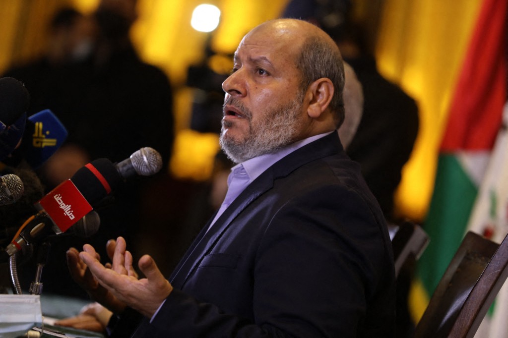 Hamas leader Khalil al-Hayya, speaks during a press conference in Gaza City, on February 3, 2021.