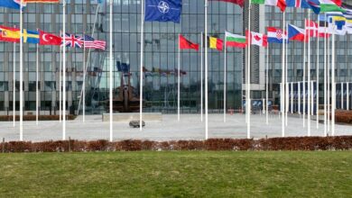 NATO headquarters in Brussels, Belgium, displays the flags of the alliance's 32 member states. Photo: Michael Nguyen/NurPhoto via AFP