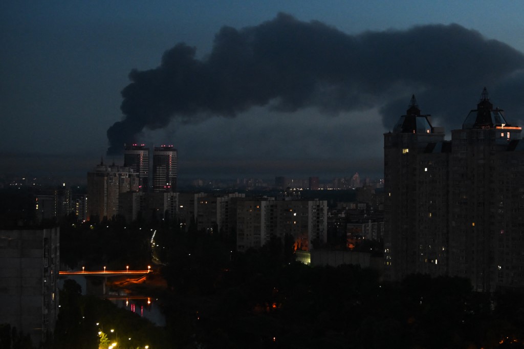Black smoke rises over the city following a large-scale military operation in Kyiv, Ukraine, on July 2, 2026