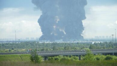 Ukrainian drones hit a warehouse for a Russian e-commerce giant near Saint Petersburg early Friday, triggering a fire that sent smoke pouring over the historic city, according to local officials.