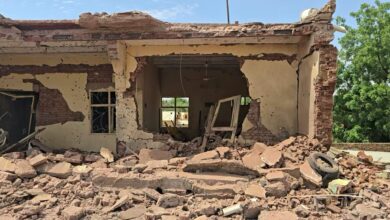 A municipal building lies in ruins after an alleged RSF drone strike in El-Obeid, Sudan, following the army's recapture of the highway linking the city to Khartoum.