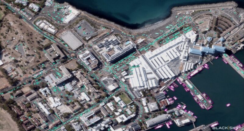 BlackSky’s AI analyzes high-resolution satellite imagery to automatically identify vehicles, vessels, and other objects, helping military users accelerate target detection and intelligence analysis. Image: BlackSky