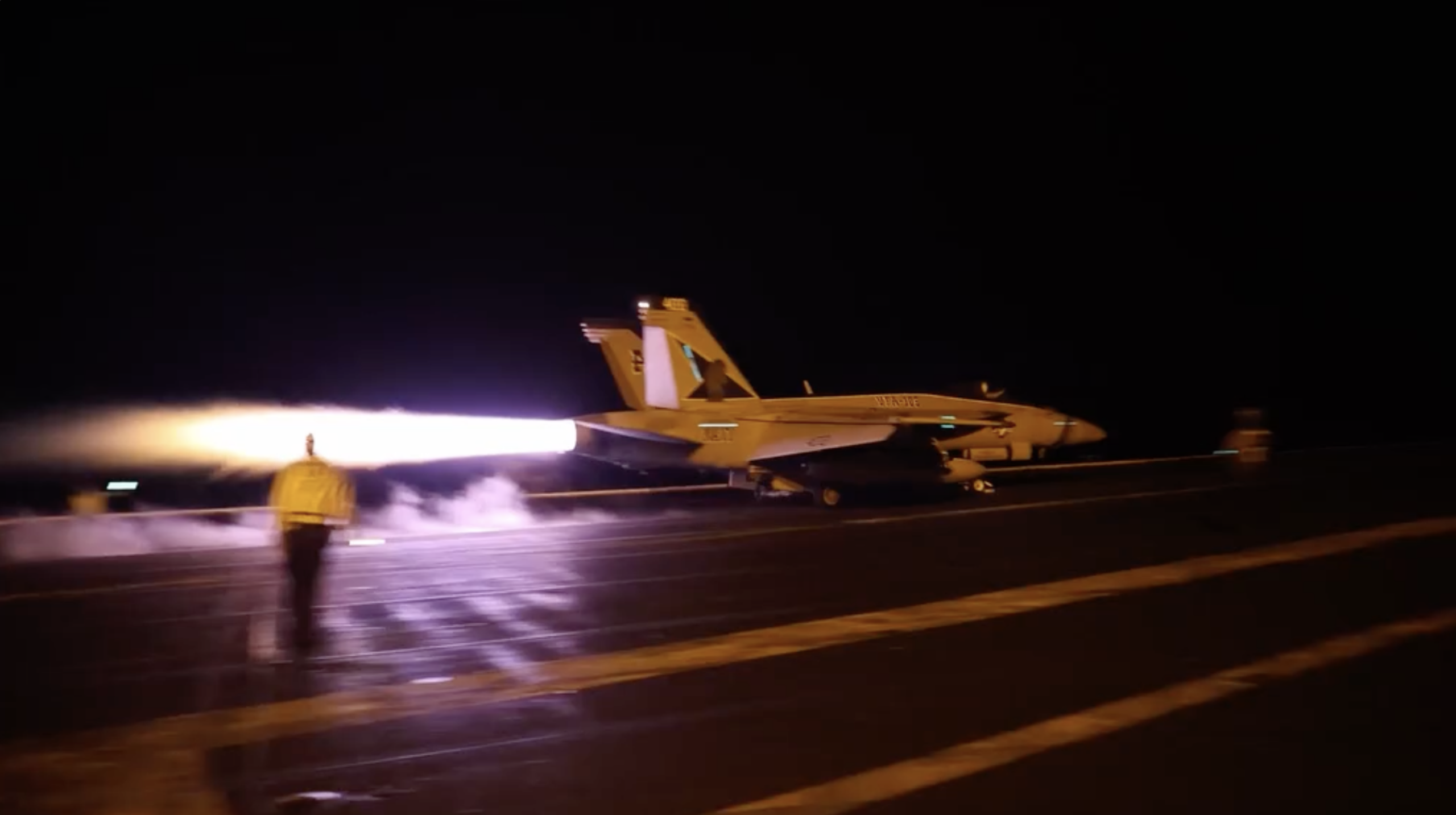 A US Navy F/A-18 Super Hornet launches from an aircraft carrier in a screenshot from video released by U.S. Central Command (CENTCOM) following a heavy wave of U.S. strikes against Islamic Revolutionary Guard Corps (IRGC) targets in Iran on July 29, 2026. Image: USCENTCOM