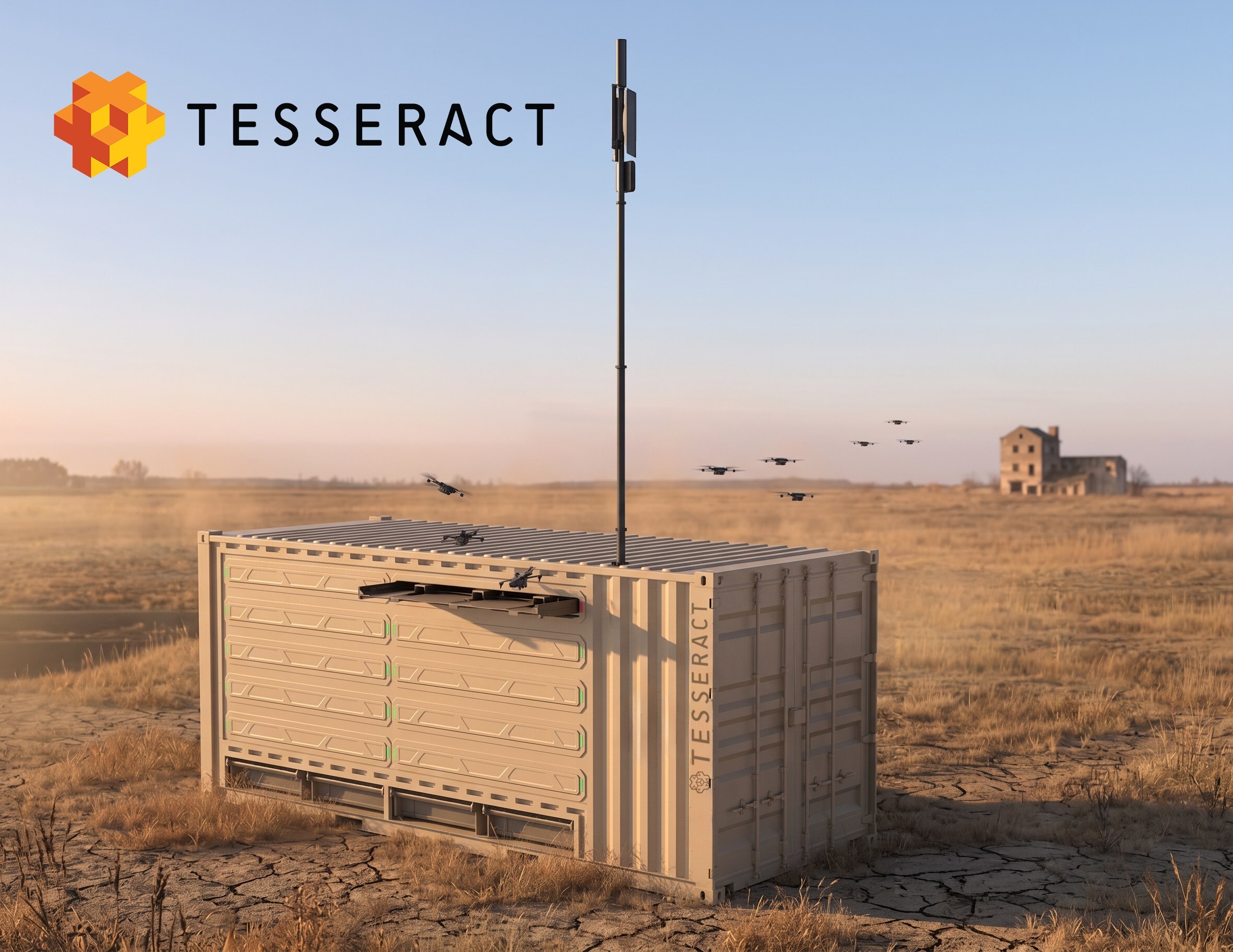 The Tesseract NOMAD is a mobile, containerized platform that deploys and manages large drone fleets across air, land, and sea using onboard intelligence and secure real-time data sharing.