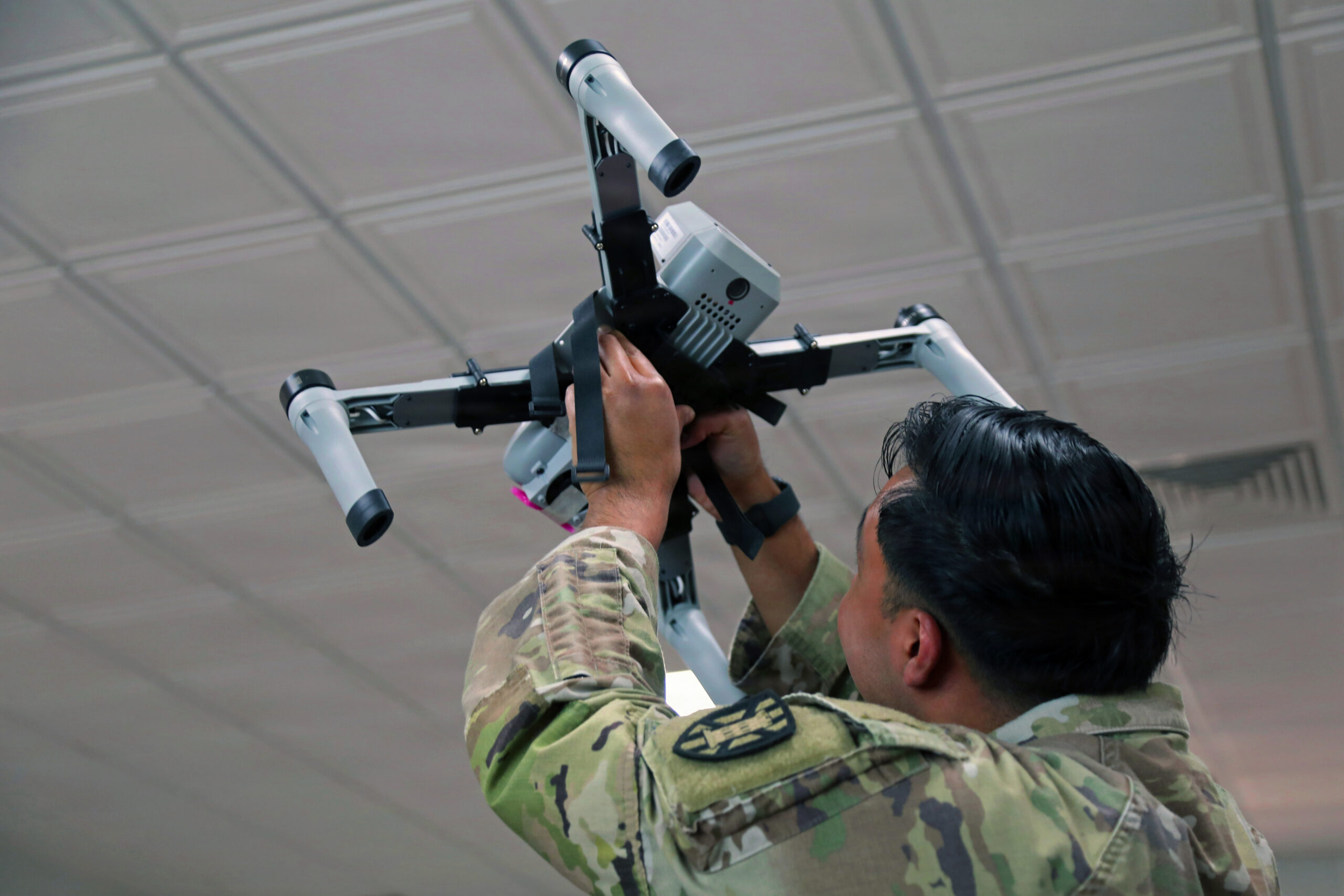 US Army Sgt. Pedro Gallardo studies different areas of the Bumblebee counter-drone system during African Lion 26 at Southern Zone Headquarters, Agadir, Morocco on April 27, 2026.