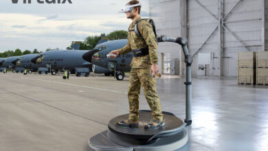 Virtuix’s Omni One full-body virtual reality system, which combines AI-enabled training scenarios with immersive movement for military readiness. Image: Virtuix