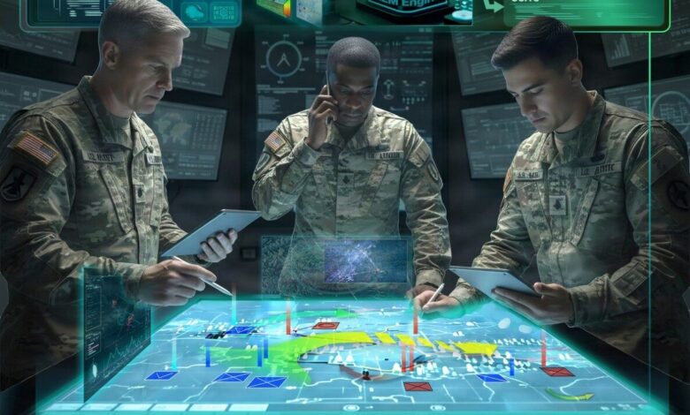 Illustration of US Army soldiers using the AI-supported COA-GPT battlefield planning system during collaborative mission planning. Image: Evan Jensen with AI elements